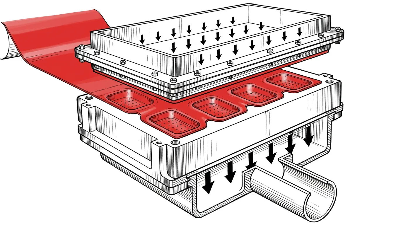 Forming station: the heated film is formed into the mould cavities by pressure from above and vacuum from below