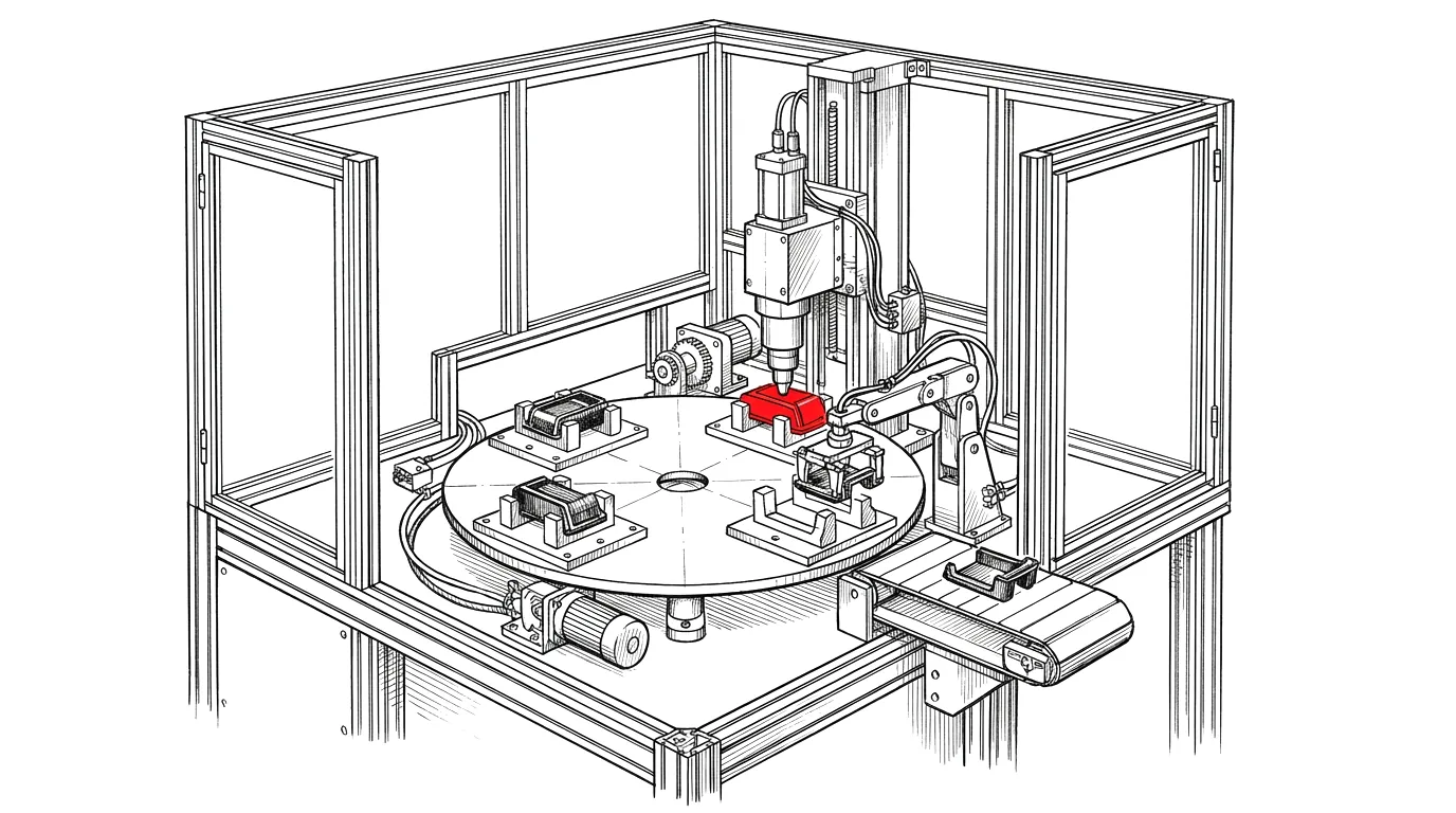 Automatic welding machine with a rotary table, four fixtures, a welding head and a pick-and-place unit