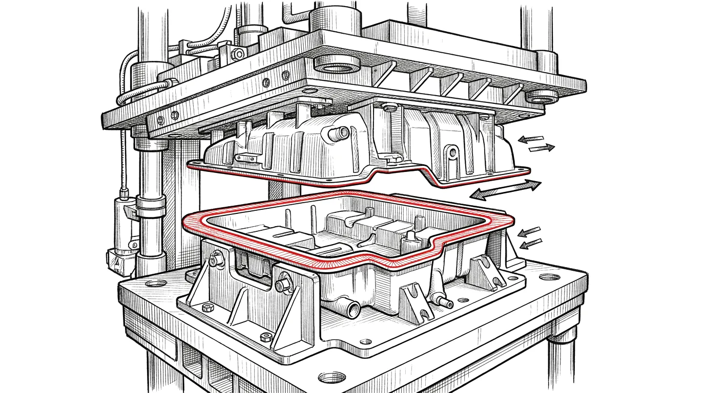 Vibration welding machine, the weld face around the reservoir in red