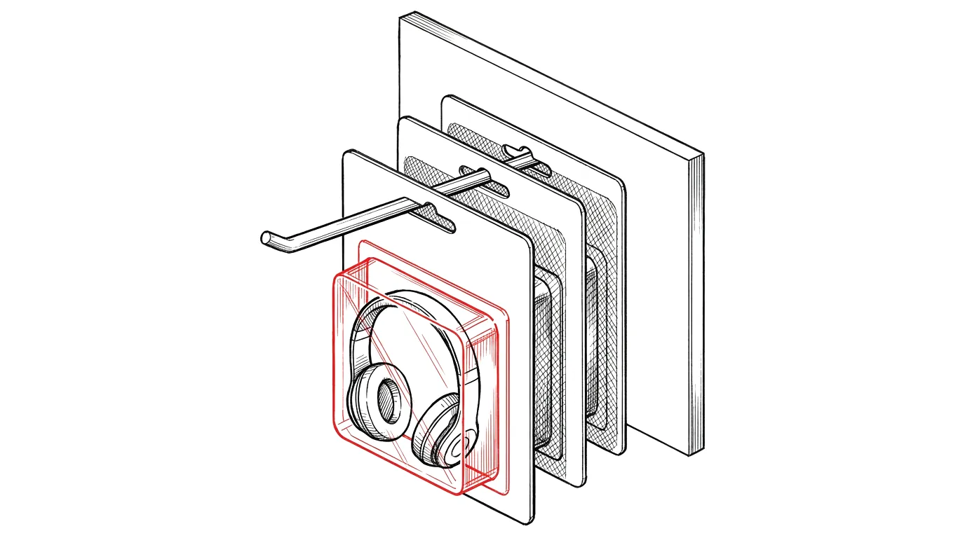 Blister packs on cards hanging on a shop hook through the euro slot