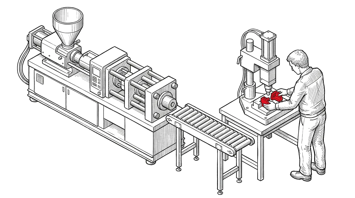 Injection moulding machine, a conveyor with mouldings and a welding station where an operator welds two halves