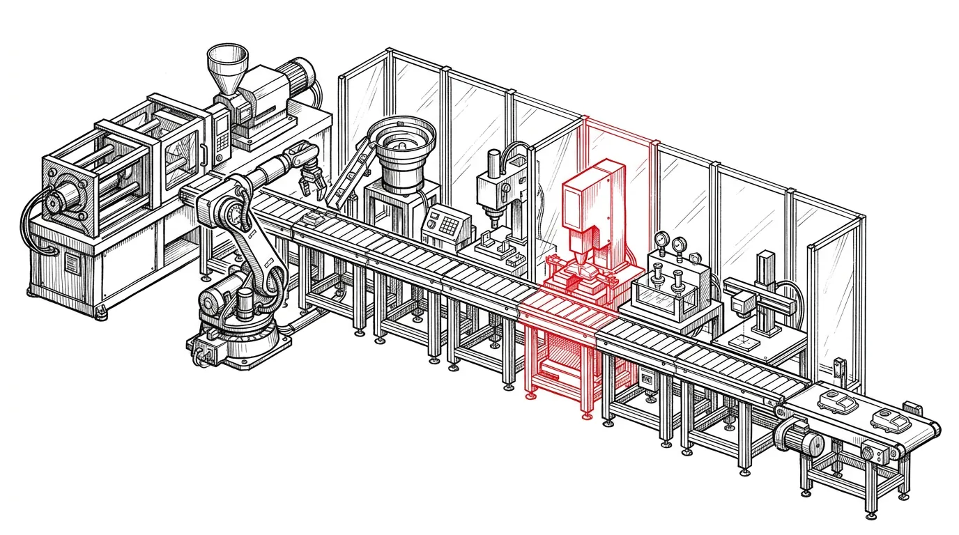 Automated assembly line: moulding machine, robot, component feeder, assembly, welding station in red, leak test, laser marking and outfeed conveyor