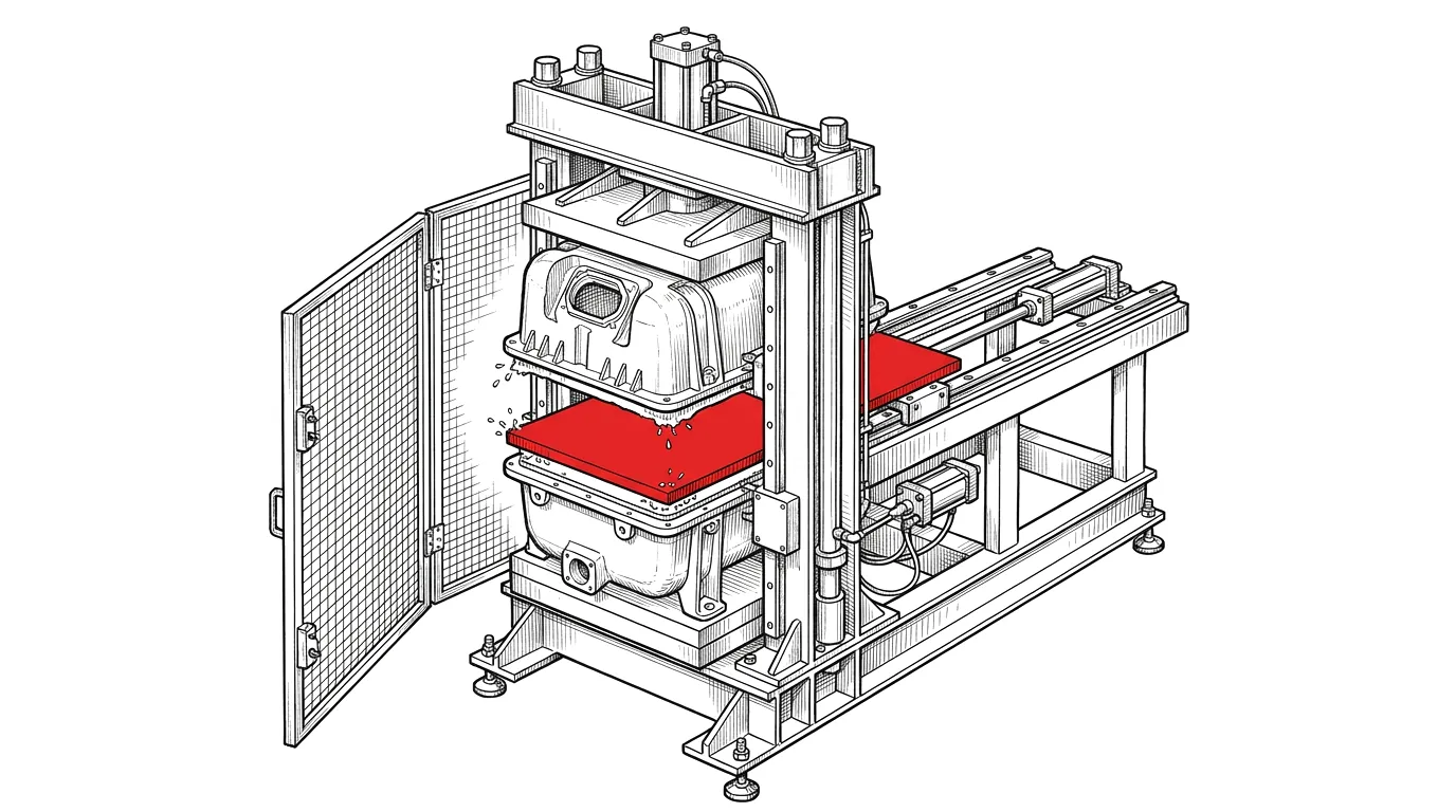 Hot plate welding machine, the plate between the two halves in red