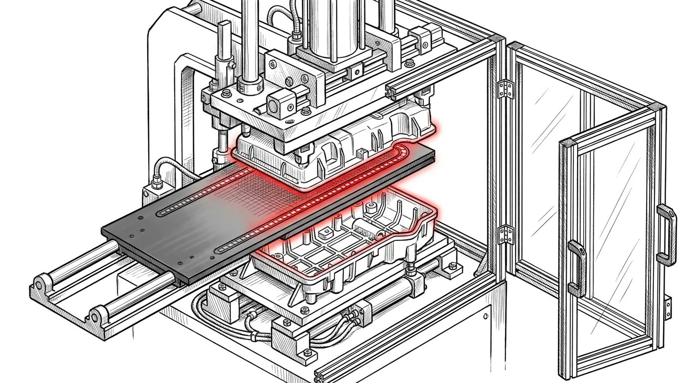 Infrared welding machine, the ceramic emitters set into the plate along the joint in red