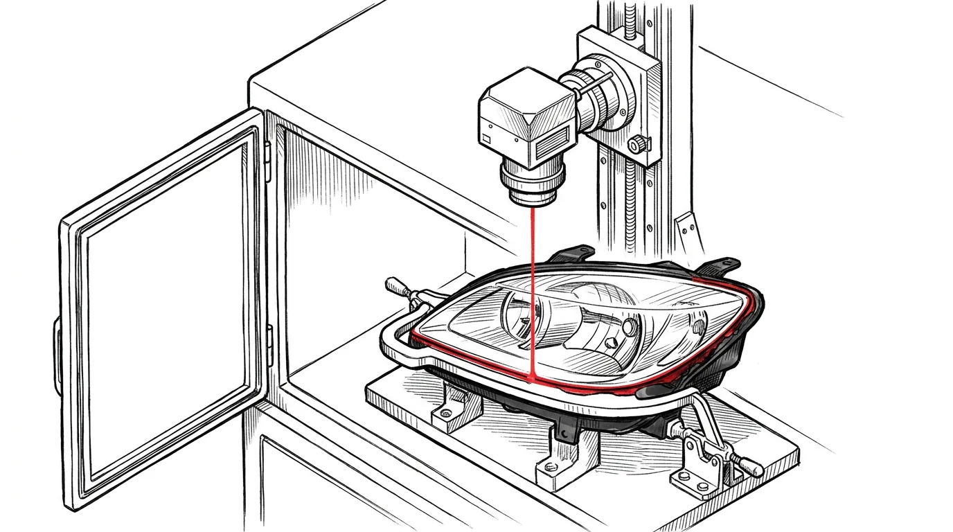 Laser welding of a headlamp, the beam and the weld around the lens in red