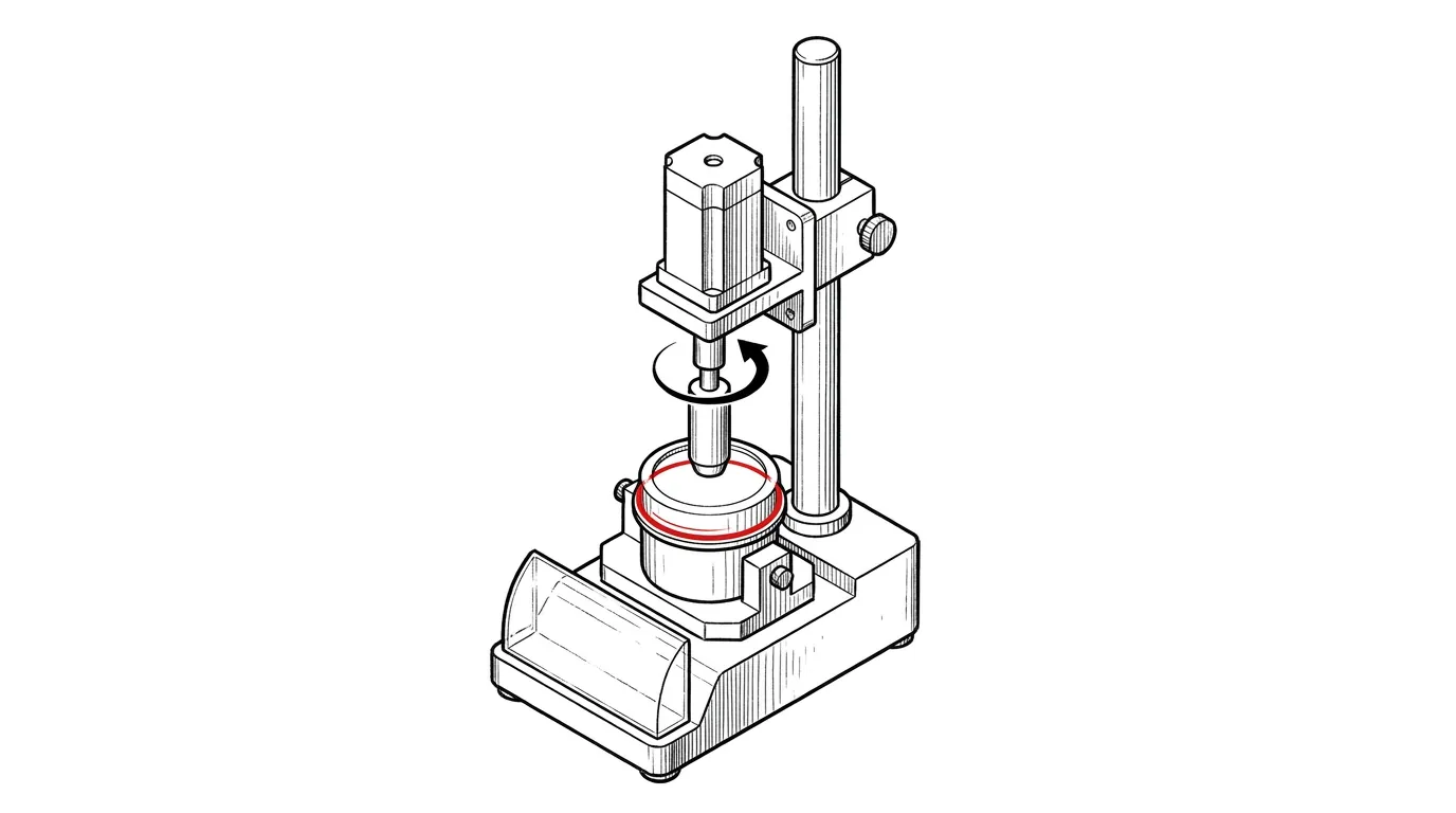 Bench-top spin welding machine with a small motor, the circular joint in red