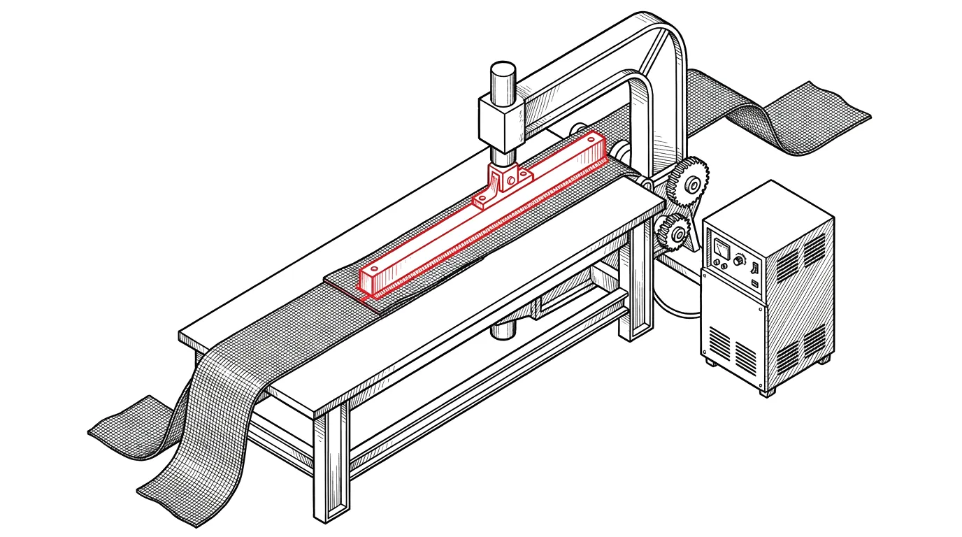High frequency press for technical fabric, the electrode and the seam in red