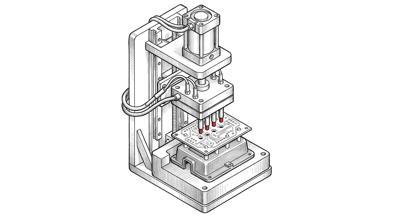 Heat staking machine, the heated tips above the studs in red